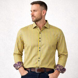 Visconti Shirt XL Yellow Gray Stripe Cotton Modal Button Down Contrast Cuff